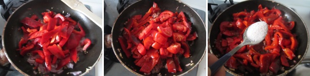 Lavate il peperone e sbollentatelo per ammorbidire la pelle. Tagliatelo a strisce. Aggiungetelo al soffritto e saltate per qualche minuto per ammorbidirlo. Lavate i pomodori, tagliate via le estremità e tagliateli in quattro. Aggiungeteli ai peperoni e saltate qualche minuto, fino a quando non assumeranno una consistenza simile a quella della salsa di pomodoro. Salate la verdura e mescolatela.