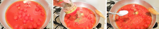 Una volta che l’aglio avrà preso una leggerissima doratura aggiungete i pomodori pelati (nella grande distribuzione si trovano numerose qualità, prediligete quella con i pomodorini). Unite alla polpa di pomodoro dell’origano e del sale e lasciate cuocere per circa 20 minuti.