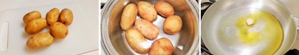 Prendete le patate, sceglietele tutte della stessa grandezza in modo che possano cuocere in maniera uniforme, lavatele accuratamente sotto l’acqua fredda corrente cercando di eliminare tutta la terra. Mettete sul fuoco una pentola con dell’acqua fredda e unite le patate intere e con la buccia. Fate cuocere le patate per 30 minuti dal bollore dell’acqua. Nel frattempo in una padella fate rosolare con dell’olio d’oliva extravergine uno spicchio d’aglio.