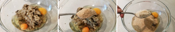 Unite alle melenzane le uova, 120 grammi di pangrattato e il Parmigiano Reggiano.
