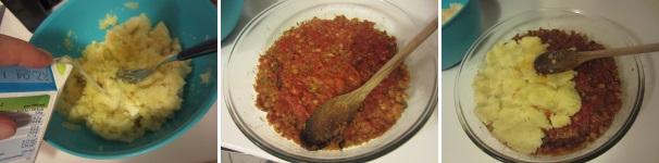 Alla fine versate il latte intero e mescolate tutto vivacemente per ottenere un purè leggero e bello liscio. Preparate il ragù di carne il giorno prima oppure usate della carne avanzata, macinatela e aggiungete la polpa di pomodoro, l’olio, la carota, la cipolla, la zucchina e le spezie a piacere. Saltate tutto qualche minuto in padella. Versate un po’ di olio nella pirofila di vetro oppure di ceramica e sopra adagiate il sugo di carne e le verdure. Coprite tutto con uno strato abbondante di purè di patate, cospargete con altro formaggio ed infornate a 200 °C per circa quindici-venti minuti.