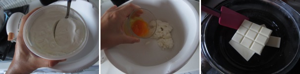 In una ciotola capiente mettete il formaggio cremoso (io ho utilizzato della ricotta, precedentemente scolata per bene). Mescolate delicatamente con una spatola per ammorbidire il formaggio. Rompete le uova e separate i tuorli dagli albumi. Aggiungete i tuorli al formaggio e mescolate vivacemente per ottenere una crema omogenea. Riscaldate dell’acqua in una pentola, appoggiate sopra la pentola un recipiente di vetro, di ceramica oppure un’altra pentola, mettete dentro il cioccolato bianco a pezzettini e fatelo sciogliere a bagnomaria, mescolando continuamente.
