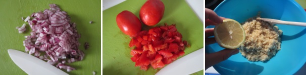 Per prima cosa sbucciate la cipolla e tagliatela molto finemente. Lavate i pomodori, sbucciateli e tagliateli a cubetti molto piccoli. In una pentola portate ad ebollizione dell’acqua precedentemente salata ed aggiungete il bulgur, precedentemente lasciato in ammollo per circa un’ora. Cuocetelo per circa venti minuti, dopodiché fatelo raffreddare e trasferitelo in una ciotola capiente. Aggiungete il succo di mezzo limone e rimescolate.