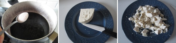 A circa metà di cottura salate il riso, rimescolate per un’ultima volta e coprite. Preparate la ricotta salata sbriciolandola grossolanamente.