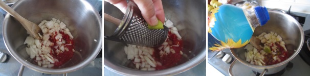 Sbucciate la cipolla e tagliatela finemente. Aggiungetela alla salsa e continuate a cuocere. Grattugiate sopra la buccia del lime e aggiungete lo zenzero grattugiato. Versate l’olio restante e rimescolate.
