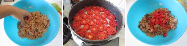 Quando la farina assorbirà la polpa di pomodoro, iniziate lavorare l’impasto con le mani per fare assorbire anche il burro. Imburrate una teglia e rivestitela con la carta da forno. Tagliate un pomodoro a fette e con metà di queste coprite il fondo della teglia. L’altro pomodoro tagliatelo a cubetti ed aggiungetelo all’impasto.