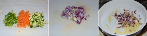 Tagliate a dadini la zucchina, la carota ed il peperone e continuate anche con la cipolla. Versate qualche cucchiaio di olio in una casseruola ed iniziate ad imbiondirvi il trito di cipolla.