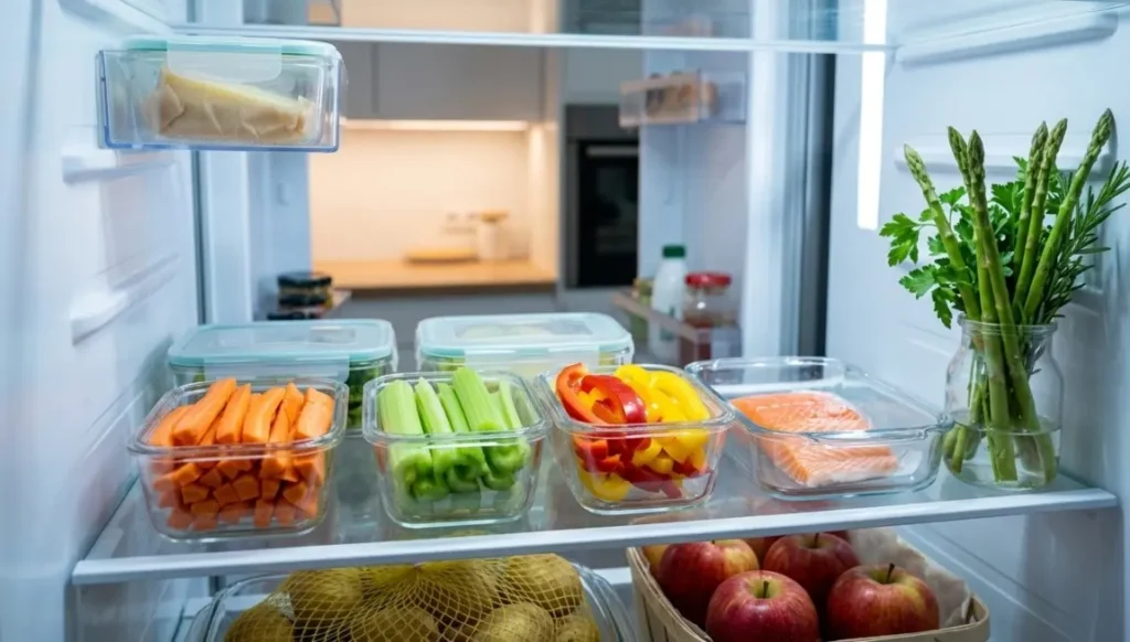 trucchi-conservazione-cibo-frigorifero-ordinato Interno di un frigorifero organizzato con verdure fresche in contenitori di vetro, asparagi in acqua e mele vicino alle patate per una conservazione ottimale.