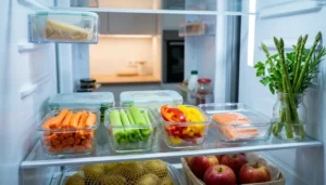 Interno di un frigorifero organizzato con verdure fresche in contenitori di vetro, asparagi in acqua e mele vicino alle patate per una conservazione ottimale.