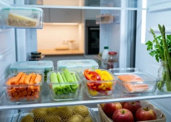 Interno di un frigorifero organizzato con verdure fresche in contenitori di vetro, asparagi in acqua e mele vicino alle patate per una conservazione ottimale.