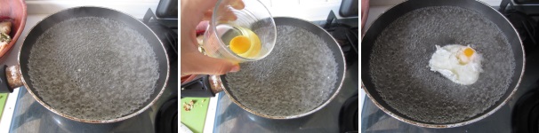 Quando l’acqua bolle, giratela con un cucchiaino per creare una specie di vortice. Aprite l’uovo in un bicchiere e, inclinandolo, versate l’uovo in mezzo alla pentola. Abbassate leggermente il fuoco e mescolate l’acqua con un cucchiaino per avvolgere il tuorlo con l’albume. Poi lasciate l’uovo a cuocere per circa due-tre minuti massimo.
