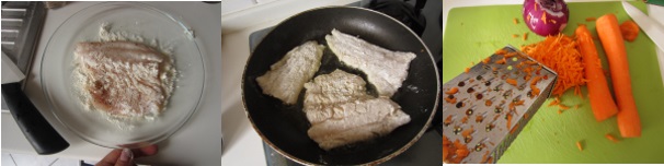 Se usate il baccalà, mettete i filetti in ammollo nell’acqua fredda per mezz’ora, poi scolateli bene ed asciugateli. Se invece usate il merluzzo fresco, salate, pepate e mettete da parte. Versate la farina in un piatto e impanate bene il pesce. Versate l’olio in una padella e friggete il pesce da ogni lato per circa tre-quattro minuti, o comunque fin quando non diventerà leggermente dorato. Lavate le carote, tagliate l’estremità e grattugiatele grossolanamente. Sbucciate la cipolla e grattugiate anche questa.