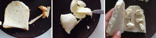 Tagliate la mozzarella a fette sottili oppure, se preferite, a pezzetti. Scartate la crosta dal pane aiutandovi con un coltello e dividete gli altri ingredienti così: mettete la farina in un piatto, i tuorli sbattuti con un po’ di sale e pepe insieme al latte in un altro piatto e il pangrattato ancora in un altro piatto. Il primo passaggio consiste nel farcire due fette di pane, una sopra l’altra, con la mozzarella.