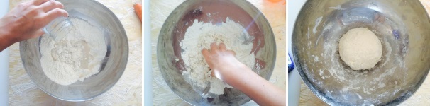 Si inizia preparando la pasta per la pizza. Quindi versare le farine nel recipiente setacciandole per bene. Fate sciogliere il lievito nell’acqua tiepida che verserete nella farina facendo attenzione a far assorbire per bene il tutto. Aggiungete il sale, lo zucchero e l’olio, quindi lavorate bene l’impasto con le mani fino ad ottenere un panetto liscio e senza grumi. Date all’impasto la forma di una palla e mettetelo a riposare coperto con un canovaccio per circa due ore.