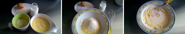 Preparate la pastella versando tutti gli ingredienti in una ciotola: le due farine setacciate, il latte, l’uovo intero, lo zucchero e il sale.