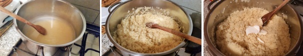 Versate gradualmente il cous cous (in commercio nella grande distribuzione trovate dei prodotti precotti con una cottura rapida) mescolate con un cucchiaio di legno fino al completo assorbimento dell’acqua. Spegnete la fiamma, lasciate riposare per 2 minuti e unite una noce di burro.