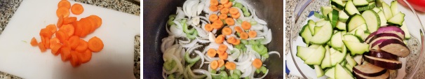 Proseguite nel tagliare a rondelle la carota. Mettete sul fuoco una casseruola dai bordi alti con dell’olio extravergine d’oliva (4 cucchiai), fatelo scaldare ed unite le cipolle tritate, il sedano e la carota a rondelle, quindi fate rosolare il tutto. Iniziate a tagliare le verdure, per prime le zucchine a mezzaluna, e la melanzana.