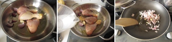 In un tegame dai bordi alti versate un po’ di olio e riscaldatelo. Sbucciate la cipolla e tagliatela a spicchi, sbucciate anche l’aglio e tagliatelo finemente. Soffriggete la cipolla e l’aglio nell’olio caldo. Pulite le cosce di pollo e disponetele nella padella. Salate a vostro piacere ed aggiungete il pepe. Coprite con l’acqua e cuocete a fuoco moderato, coperto con il coperchio fin quando la carne non diventerà tenera. Ci vorranno circa quindici-venti minuti. Quando la carne è pronta, fatela raffreddare leggermente e ricavatene dei pezzettini. In un’altra padella riscaldate un po’ di olio. Sbucciate un’altra cipolla e tagliatela a brunoise, quindi soffriggetela nell’olio.