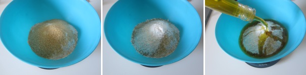 Preparate la pasta frolla. In una ciotola versate la farina integrale a pioggia. Aggiungete 70 grammi di zucchero di canna ed un pizzico di sale. Unite anche il lievito in polvere e la vanillina. Versate l’olio.