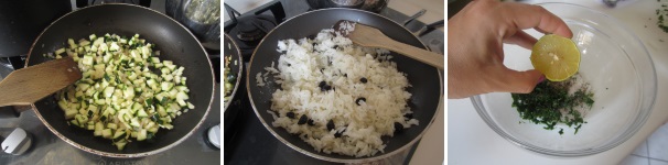 Mette il riso a cuocere con poco sale. Lavate la zucchina, tagliate via le estremità e tagliatela a cubetti molto piccoli. Sbucciate la cipolla e tritatela finemente. Riscaldate l’olio in una padella e soffriggete la cipolla. Quando diventerà lucida, aggiungete la zucchina e saltate per qualche minuto. In un’altra padella riscaldate un po’ di olio e saltate l’uvetta. Scolate il riso al dente ed aggiungetelo all’uvetta. Rimescolate e spegnete il fuoco. In una ciotola versate poco olio, la menta, il prezzemolo e del sale. Lavate il limone e tagliatelo a metà. Aggiungete il succo di mezzo limone e rimescolate.