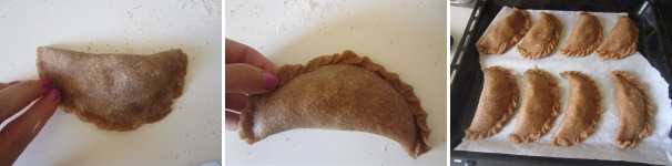 Bagnate leggermente il bordo della metà in basso e chiudete creando una mezzaluna. Schiacciate bene i bordi per chiudere la empanada. Create il bordo schiacciando e arrotolandolo verso l’interno. Disponete le empanadas su della carta da forno ed infornate in forno preriscaldato a 190 °C per circa 20-25 minuti.