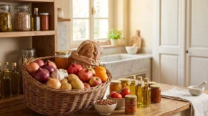 Cesto di vimini con cipolle, aglio e pane fuori dal frigorifero su bancone di legno di cucina con finestra luminosa