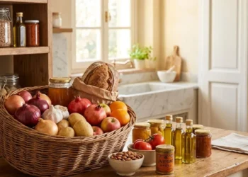 Cesto di vimini con cipolle, aglio e pane fuori dal frigorifero su bancone di legno di cucina con finestra luminosa