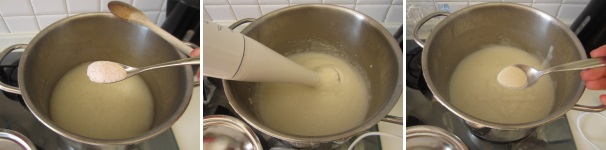 Preparate la crema di riso. Versate l’acqua in una pentola ed aggiungete il riso non lavato. Aggiungete il sale. Mescolate una volta, coprite con un coperchio e cuocete a fuoco molto basso per circa venti minuti, ma anche di più se serve ad ottenere un riso scotto e gonfio. Aggiungete qualche cucchiaio di acqua al riso cotto e frullate con un mixer ad immersione fino ad ottenere una crema densa, cremosa ed omogenea. Aggiungete allora l’agar agar e rimescolate bene per incorporare la polvere.