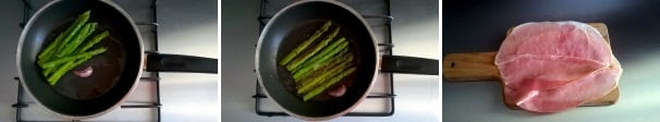 Aggiungete gli asparagi e fateli rosolare per 5 minuti. Aggiungete un pizzico di sale, l’origano e una spolverata di pepe. Cuocete per 10 minuti e poi spegnete la fiamma. Prendete due fette di prosciutto cotto, stendetele su un tagliere e tagliatele a metà.