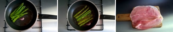 Aggiungete gli asparagi e fateli rosolare per 5 minuti. Aggiungete un pizzico di sale, l’origano e una spolverata di pepe. Cuocete per 10 minuti e poi spegnete la fiamma. Prendete due fette di prosciutto cotto, stendetele su un tagliere e tagliatele a metà.