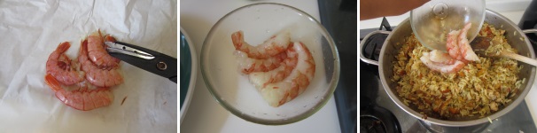 Lavate i gamberi e puliteli. Tagliate via la testa, le zampe e il guscio. Eliminate il tratto intestinale e sciacquateli sotto l’acqua fredda. Aggiungete i gamberi alla fine della cottura, quando il riso ha assorbito tutto il liquido. Mescolate il riso con i gamberi e coprite per qualche minuto. Lavate i gamberi e puliteli. Tagliate via la testa, le zampe e il guscio. Eliminate il tratto intestinale e sciacquateli sotto l’acqua fredda. Aggiungete i gamberi alla fine della cottura, quando il riso ha assorbito tutto il liquido. Mescolate il riso con i gamberi e coprite per qualche minuto.