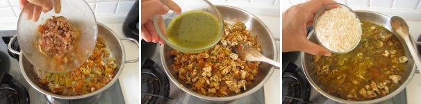 Aggiungete la carne alla verdura. Soffriggete qualche minuto sotto il coperchio e versate sopra il brodo fino coprire tutti ingredienti. Aggiungete il riso, rimescolate velocemente e coprite con il coperchio. Cuocete a fuoco basso per almeno venticinque minuti, senza mescolare troppo. Aggiungete la carne alla verdura. Soffriggete qualche minuto sotto il coperchio e versate sopra il brodo fino coprire tutti ingredienti. Aggiungete il riso, rimescolate velocemente e coprite con il coperchio. Cuocete a fuoco basso per almeno venticinque minuti, senza mescolare troppo.