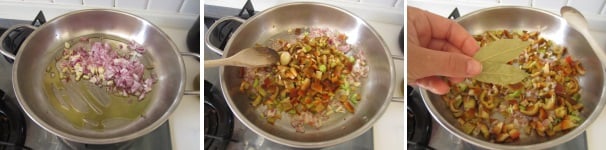 Sbucciate le cipolle e tagliatele a dadini piccoli. Sbucciate l’aglio e tagliatelo finemente. Riscaldate l’olio in una padella grande e soffriggete l’aglio e la cipolla. Lavate il peperone e asciugatelo, tagliatelo a metà, eliminate il gambo e la parte interna con i semi, quindi ricavate dei cubetti non troppo grandi. Lavate il sedano e tagliatelo a cubetti piccoli. Aggiungete il peperone e il sedano al soffritto, mescolate e aggiungete due foglie di alloro.
