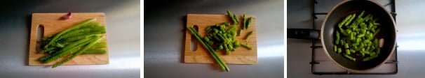 Per preparare le lasagne agli asparagi come prima cosa pulite gli asparagi. Lavateli in acqua fredda e pelate i gambi. Tagliateli a cubetti, lasciando le punte intere. Scaldate l’olio in un padellino e scottate gli asparagi per tre minuti da entrambi i lati. Salate e tenete da parte.