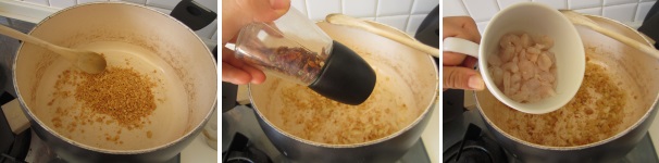 Riscaldate l’olio di cocco in una pentola capiente oppure in un wok. Tostate gli arachidi per qualche minuto e poi metteteli da parte. Mettete la cipolla e l’aglio a soffriggere nell’olio di cocco in cui di sicuro vi saranno delle rimanenze di arachidi. Aggiungete il pepe e il peperoncino. Quando la cipolla diventa lucida, aggiungete i gamberetti e saltateli per pochi minuti.