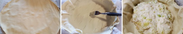 Srotolate il foglio di pasta sfoglia rotonda, adagiatelo in una teglia ricoperta con carta da forno, bucherellate il fondo con una forchetta e adagiate la besciamella ai porri sulla pasta.