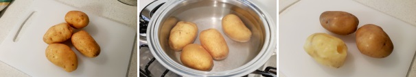 Prendete le patate, lavatele accuratamente sotto l’acqua corrente in modo da eliminare il terriccio residuo. Immergete le patate con la buccia in acqua fredda salata e fate cuocere per 40 minuti circa: verificate la cottura con la punta di un coltello, se affonda facilmente le patate sono pronte. Scolatele, lasciatele raffreddare ed eliminate la buccia.