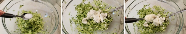 Salate leggermente la polpa di zucchine, aggiungete la ricotta e il parmigiano reggiano grattugiato.