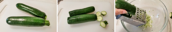 Prendete le zucchine, lavatele accuratamente sotto l’acqua corrente e asciugatele, quindi spuntatele tagliando le estremità più dure. Con l’ausilio di una grattugia e utilizzando i fori più grandi, grattugiate le zucchine in una ciotola, se notate che sono molto acquosa strizzate la polpa in modo che perdano più acqua possibile, oppure ponetele in un colino con un peso sopra in modo rilascino tutti i liquidi in eccesso.