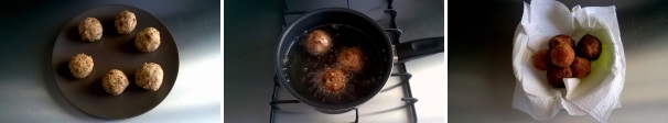 Formate sei polpette, passatele nella farina e friggetele in abbondante olio di semi caldo. Cuocetele 5 minuti o il tempo necessario affinchè diventino dorate. Scolatele su un foglio di carta assorbente da cucina e salatele in superficie.