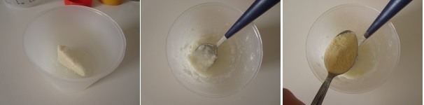 In un recipiente di plastica mettete il cocco, potete utilizzare sia la polpa che la crema, entrambi facilmente reperibili nei negozi di prodotti biologici e nei supermercati più forniti. Aiutandovi con un cucchiaino sminuzzatelo e lasciatelo sciogliere a temperatura ambiente. Aggiungete i fermenti lattici liofilizzati e mescolate vivacemente per unire bene gli ingredienti e evitare le formazione di grumi.