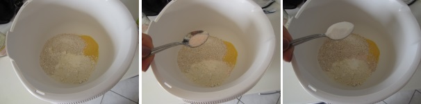 In una ciotola capiente unite la farina di mais e la farina di segale. Setacciate la farina bianca. Aggiungete il bicarbonato e massimo un cucchiaino di sale. Mescolate gli ingredienti secchi per ottenere una miscela omogenea.
