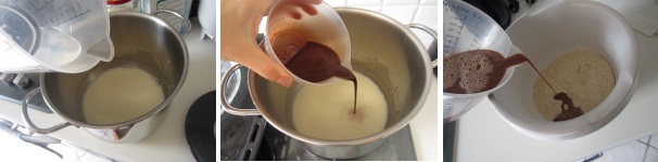In una pentola versate il latte a temperatura ambiente. Aggiungete 120 millilitri di acqua e la melassa. Sbattete con la frusta a mano per ottenere una consistenza omogenea. Aggiungete poca alla volta la miscela liquida agli ingredienti secchi, mescolando continuamente.