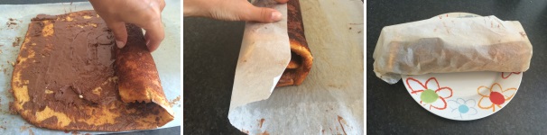 Arrotolate partendo da un’estremità fino alla fine. Coprite con la carta forno e fate riposare in frigorifero 40 minuti. Tirate fuori il rotolo integrale e tagliatelo a fette dello spessore di 2-3 centimetri circa.