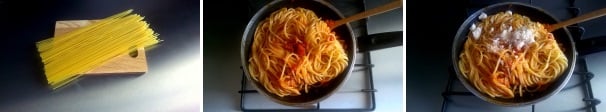 Cuocete gli spaghetti in abbondante acqua salata e scolateli al dente. Trasferiteli nella padella con il sugo e mescolate per insaporire per bene la pasta, quindi spegnete la fiamma e aggiungete il pecorino grattugiato e un pizzico di pepe. Mantecate lontano dalla fiamma.