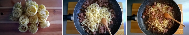 Lessate le tagliatelle, scolatele al dente e trasferitele nella padella con il condimento. Mescolate per amalgamare tutti gli ingredienti. Spegnete la fiamma e mantecate con il parmigiano grattugiato e un pizzico di pepe.