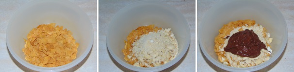 Preparate la base di croccante unendo in una ciotola i corn flakes, le nocciole ed il rimanente cioccolato fuso.