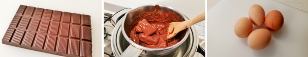 Prendete il cioccolato fondente e spezzettatelo in un pentolino, fatelo sciogliere a bagnomaria fino a quando sarà completamente fuso. Successivamente preparate le uova.