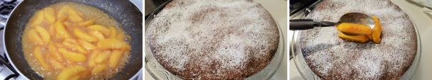 Fate caramellare le pesche a spicchi a fuoco vivo, toglietele dal fuoco e lasciatele intiepidire, nel frattempo riponete la torta su di un piatto da portata e spolverizzatela con delle zucchero a velo. Distribuite le pesche caramellate sulla torta.