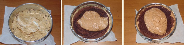 Sullo strato di croccante versate la crema alla nocciola, livellatela e posizionatevi sopra il primo strato di pan di spagna ed una prima metà di mousse al cioccolato e livellatela bene; Continuate con il secondo strato di pan di spagna e mousse al cioccolato.